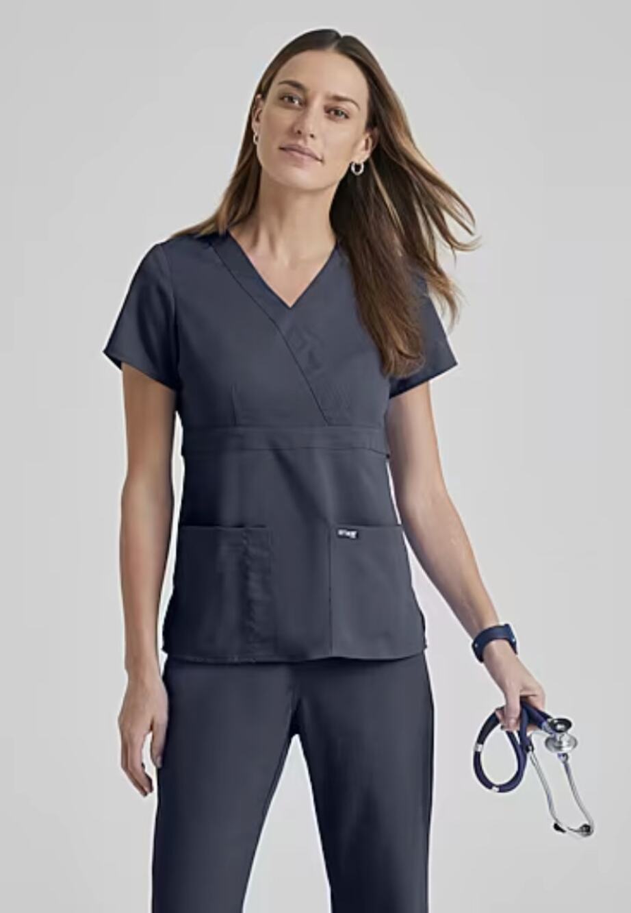 Grey's Anatomy by Barco 3-Pocket Mock Wrap V Neck Short Sleeve Scrub Top Medium